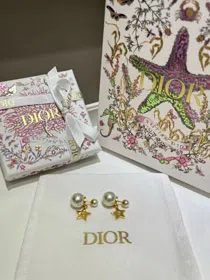 Dior gold star pearl double ball earrings-3707  